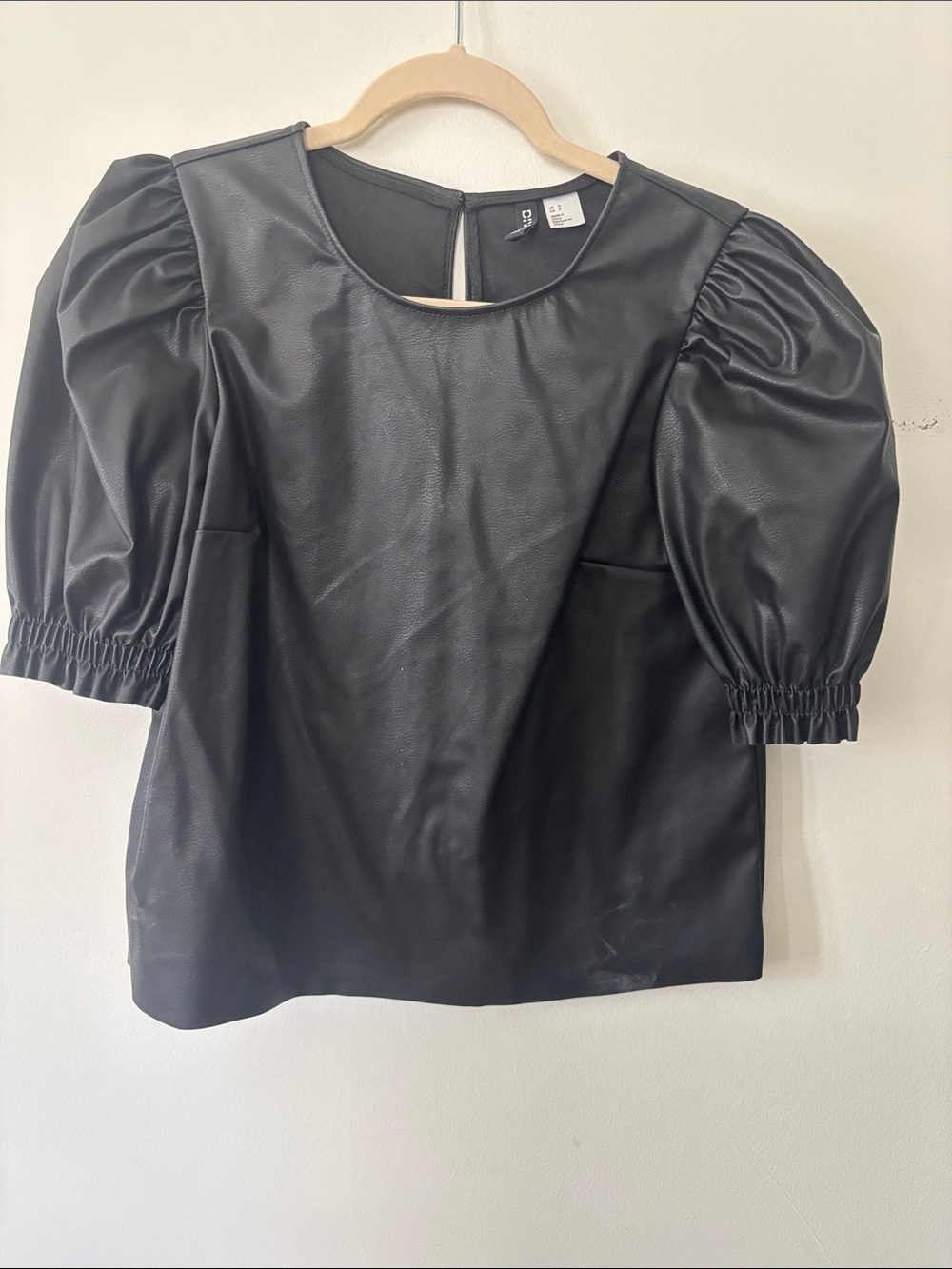 H&M Black Faux-Leather Puff Sleeve Blouse